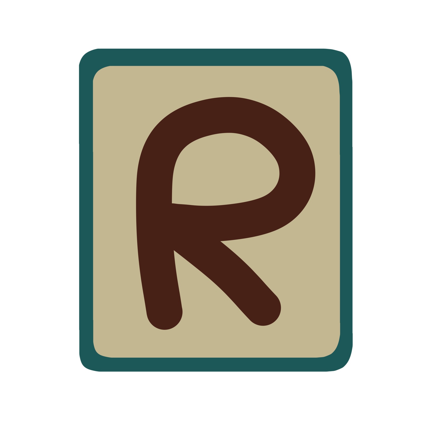 Heritage patch · burgundy R on tan ground with teal border, hand-painted 2023