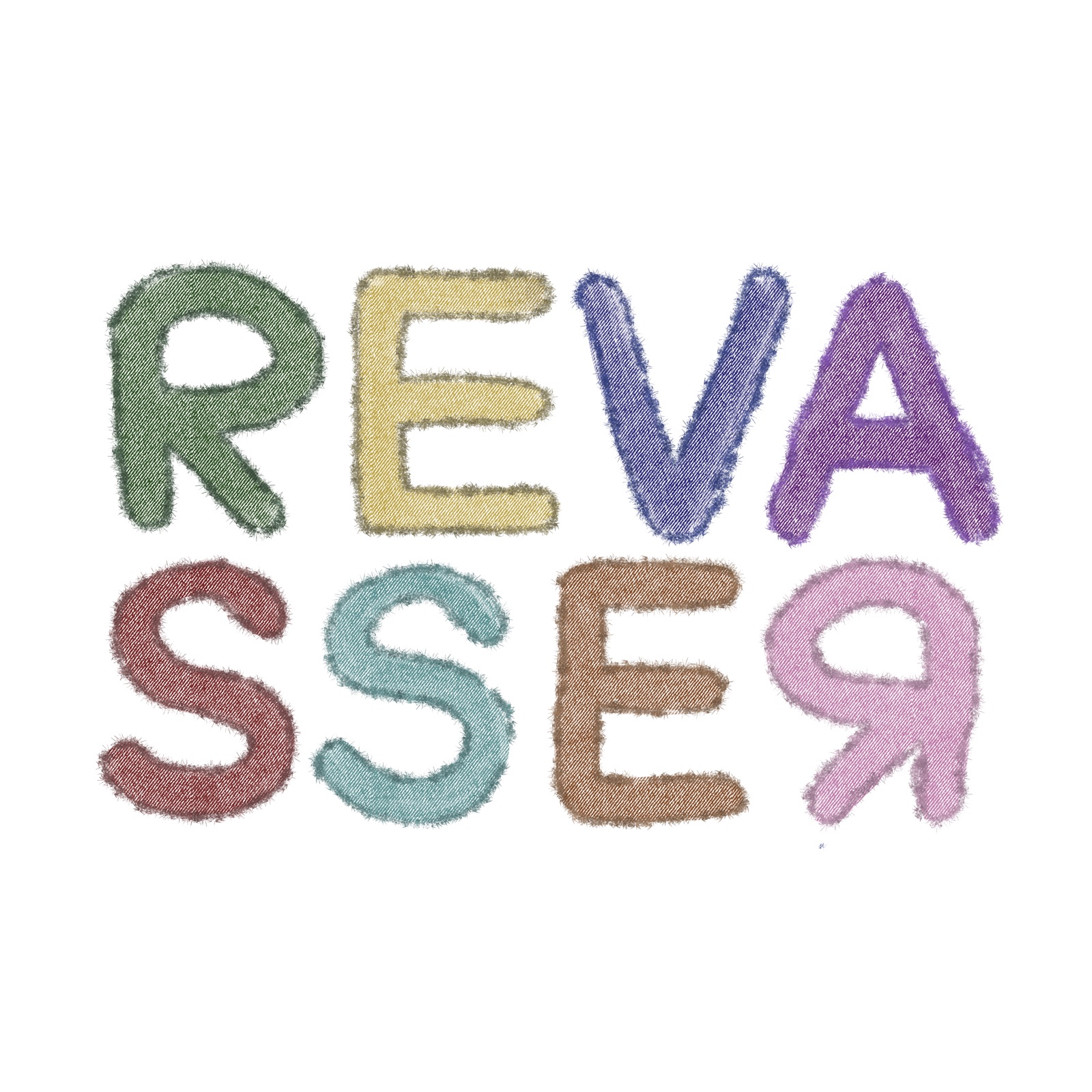 HP-1 · fuzzy multicolored REVASSER wordmark with reversed R, hand-painted 2023